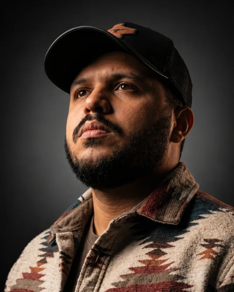 Retrato de AlekLemes, de boné e jaqueta estampada, diante de um fundo cinza